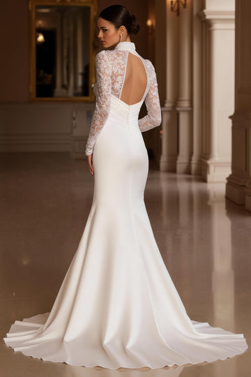Mermaid Ivory Appliqued Long Sleeve Wedding Dress With Slit